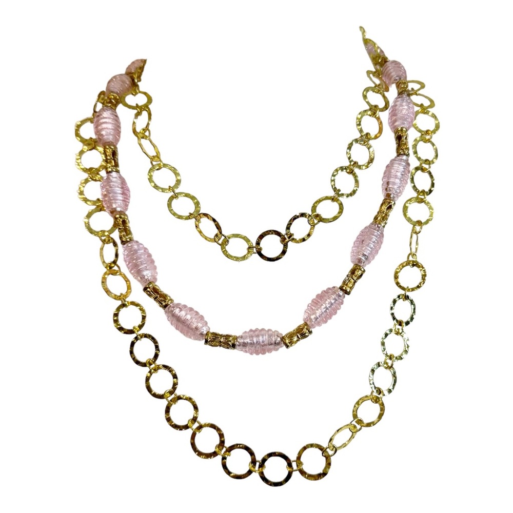 Rose Color Carved Beads Gold Tone Link Statement Necklace